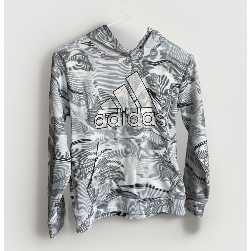 Adidas Youth M 10/12 Patterned Logo Sweatshirt Hoodie Gray Travel Comfy Street